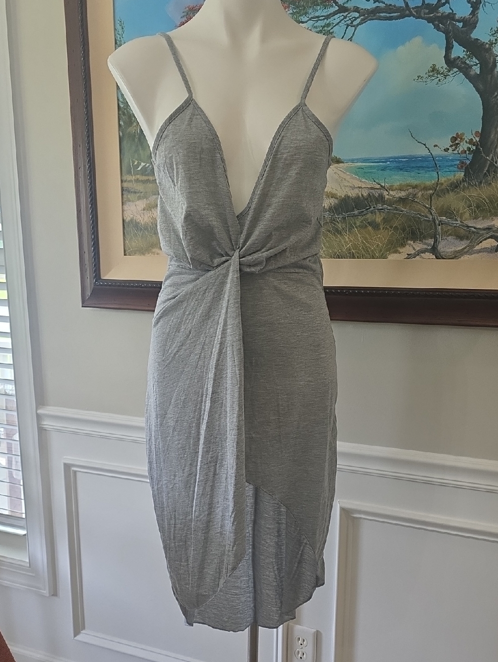 Twist-Front Gray Spaghetti Strap Mini Dress